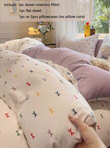 3/4pcs Bedding Set, Colorful Bow Print Duvet Cover, Soft Crinkly Gauze Duvet Cover, Cartoon Fresh Bed Set, Lilac Bedsheet, Suitable For Bedroom At Home, Suitable For All Seasons (Includes 1 Duvet Cover, 1 Bedsheet, 1/2 Pillowcases, Without Filler)
