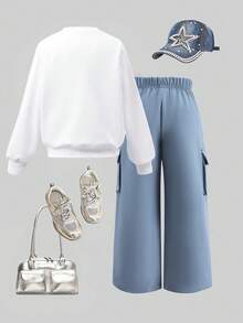 青少年女孩蝴蝶结印花保暖圆领运动衫和工装裤套装 - 白色 - 查看 2