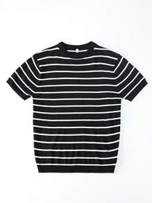 Men's Striped Knit Crew Neck Short Sleeve T-Shirt, Casual & Business Fitted Style, Breathable For Summer