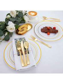 320 Piece Resuable Gold Plastic Silverware - Heavy Duty Gold Silverware Includes 160 Gold Forks, 80 Gold Spoons, 80 Gold Knives, Gold Plastic Utensils Perfect For Wedding, Party Or Daily Using , For Halloween Or Christmas Party - 金色 - 查看 6