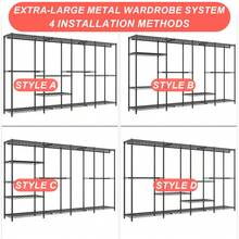 EXTRA LARGE Metal Clothing Rack - Heavy-Duty Coat Rack With 1100 Lbs Load Capacity - 4 Posts & 4 Levels - 77"L X 17.9"W X 77"H - 11 Shelves - Anti-Tip Belt - Space For 240+ Clothes & 30+ Shoes - Space-Saving - Multi-Function - Easy Assembly - 黑色4層11收納隔板區域大型衣櫃 - 查看 2