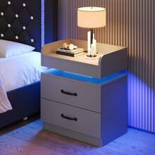 LED Nightstand With Drawers, LED Night Stand With Charging Station, Bedside Table For Bedroom, Modern Night Stand With 2 Wood Drawers End Side Table For Bedroom, Black/ White/ Grey - Xám - Xem 9