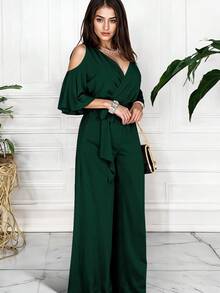 Mono de pierna ancha hombros descubierto cinturón ajustable elegante para mujer - Verde Botella - Ver 3