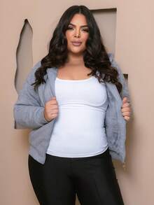 PLUS SIZE WOMEN'S BLOUSE WITH ZIPPER, POCKETS AND FUR - Grey - View 4