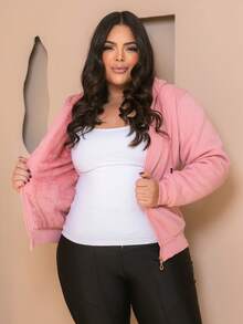 PLUS SIZE WOMEN'S BLOUSE WITH ZIPPER, POCKETS AND FUR - Coral Orange - View 6