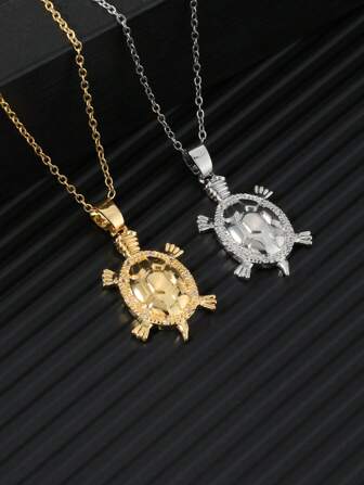 1pc Copper Cubic Zirconia Sea Turtle Pendant Necklace, Suitable For Daily Wear