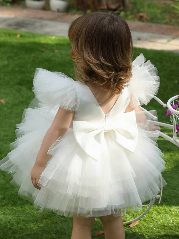 Baby Girls White Butterfly Sleeve Organza Elegant Princess Dress, Suitable For Baby's First Birthday, Wedding, Party, Holiday Celebration, Special Occasion