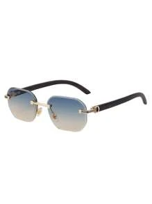 1 Pair Diamond-Edge Frameless Fashion Glasses For Men, Vintage Faux Wooden Temple Legs, Suitable For Everyday Wear, Outdoor, Driving, UV Protection