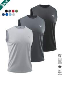 3er Pack Herren ärmellose Sport Weste Einfarbig, Stier Kopf Aufdruck, Rundhals-Tanktop, lässige Outdoor Fitness Trainingskleidung, einfarbige ärmellose Herrensportbekleidung, geeignet für Gym, tägliches Training, Laufen, Basketball und Zuhause