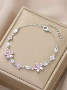 1pc Cherry Blossom Pink Crystal Bracelet, Delicate Sweet Design, Versatile, Chic Luxury Feel