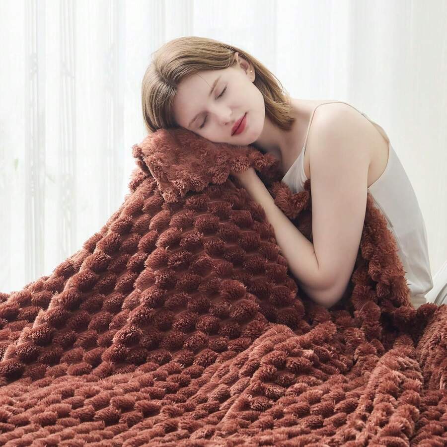 Super Soft King Blanket Pink Premium Silky Flannel Fleece 3D Ribbed Jacquard Lightweight Bed Blanket All Season Use (Pink Ribbed, King(90"X110")) - 咖啡 - 查看 1