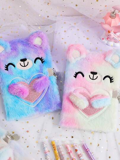 1 件女孩日记本带锁秘密儿童日记本笔记本礼物，适合写作和绘画，精装毛绒绒可爱熊日记本带水晶贴纸，适合女孩，返校礼物