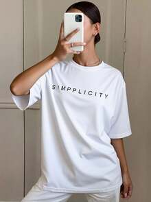Livesso Loose Fit Letter Print Short Sleeve Round Neck T-Shirt SIMPLICITY Summer - White - View 7