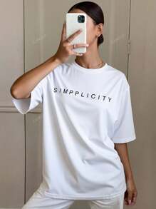 Livesso Loose Fit Letter Print Short Sleeve Round Neck T-Shirt SIMPLICITY Summer
