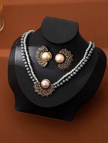 Bộ 3 món trang sức ngọc trai giả sang trọng đính hoa thanh lịch bao gồm vòng cổ + hoa tai, thích hợp cho đám cưới, tiệc tùng, quà tặng cho phụ nữ - Đầy màu sắc - Xem 3