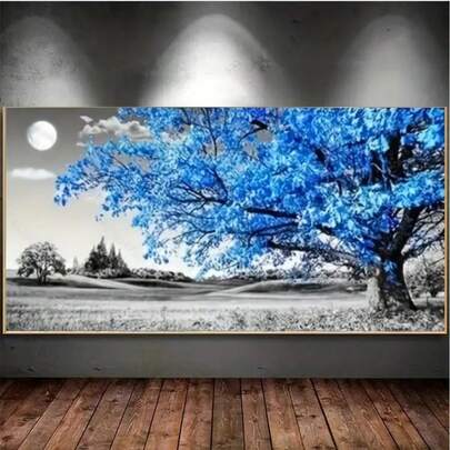 1pc Large Adult DIY Diamond Painting Kit, Blue Tree Moonlight Pattern, Suitable For Adult Beginners, Diamond Art Kit For Home Decor And Holiday Gifts, 4 Sizes