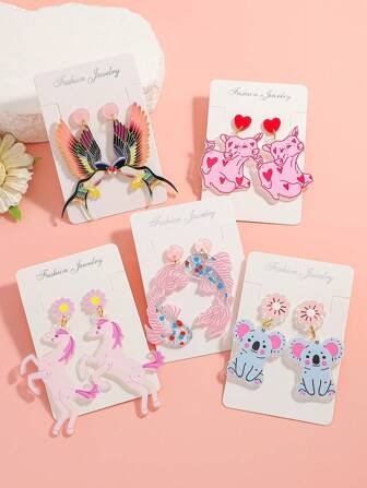1 par de pendientes colgantes de acrílico ligeros con diseños adorables de gato, unicornio, pollo, vaca y caniche, adecuados para el uso diario de la mujer o como regalo
