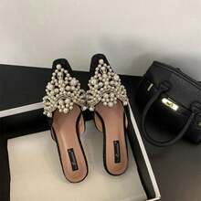 Fashion Pearl Bow Backless Mules For Women. Pointed Toe Slip-Ons. Comfortable Mid Heel. Holiday Casual High Heel Sandals. Perfect For Beach, Date, Shopping.