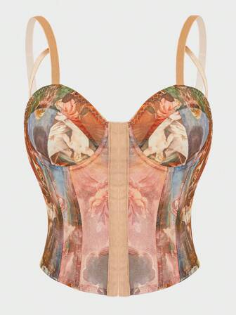 1pc Retro Print Mesh Bustier Corset Cami Top ,Boned Shaping Cami, Suitable For Party, Valentine's Day, Date, Afternoon Tea, Beach, Cruise, Carnival, Spring & Summer