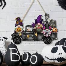 Halloween Tür-Dekoration Willkommens-Hängeschild, Frohe Halloween Veranda Schild Kranz Dekoration, Zwerg Lastwagen Holz Türschild für Haus Fenster Wand Dekoration
