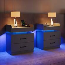 LED NightStand Set Of 2, Modern Night Stands With 2 Drawers, Bedside Tables And End Side Tables For Bedroom, Black/ White/ Grey - 黑色 - 查看 1