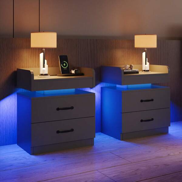 LED NightStand Set Of 2, Modern Night Stands With 2 Drawers, Bedside Tables And End Side Tables For Bedroom, Black/ White/ Grey