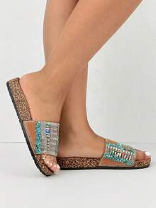 Thick Sole Slippers, Rhinestone Embellished Bohemian Vacation Flat Sandals - Camel - View 3