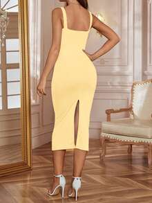 WOWDARK 黄色夏季连衣裙，优雅蕾丝拼接开衩吊带修身连衣裙，适合情人节、约会、聚会、派对、旅行、度假、海滩等场合。 - 黃色 - 查看 4