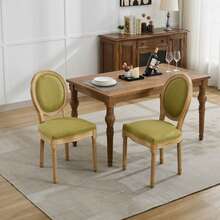Set Of 2 French Style Solid Wood Frame Antique Painting Linen Fabric Back Dining Chair - Olive Green - View 6