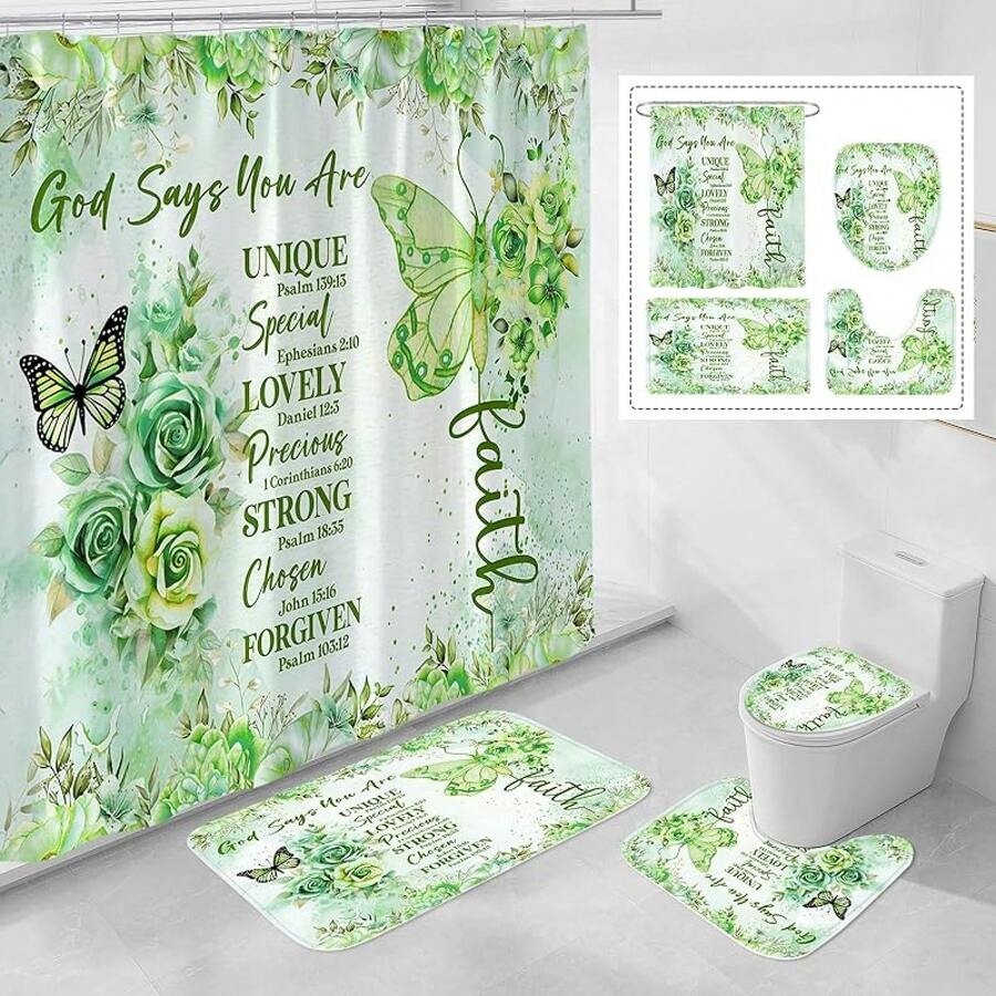 4 Pcs Yellow Inspirational Quotes Shower Curtain Set With Rugs And Toilet Lid Cover, Colorful Boho Waterproof Fabric Bathroom Set, Bible Verse Floral Bathroom Decor Set Accessories - 綠色 - 查看 1