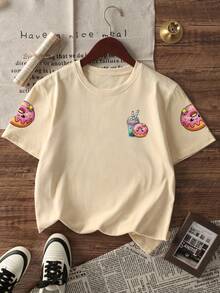 1件女婴休闲印花圆领短袖T恤，夏季女婴服装 - 一件引人注目的T恤，为每个孩子带来欢乐和幸福！ - 杏色 - 查看 2