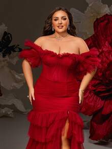 VIPGIRL 大码露肩荷叶边红色网纱美人鱼礼服，褶裥收腰长款礼服，女士正式舞会礼服，迷人晚礼服，优雅修身连衣裙，派对礼服，婚礼宾客礼服 - 酒紅色 - 查看 8