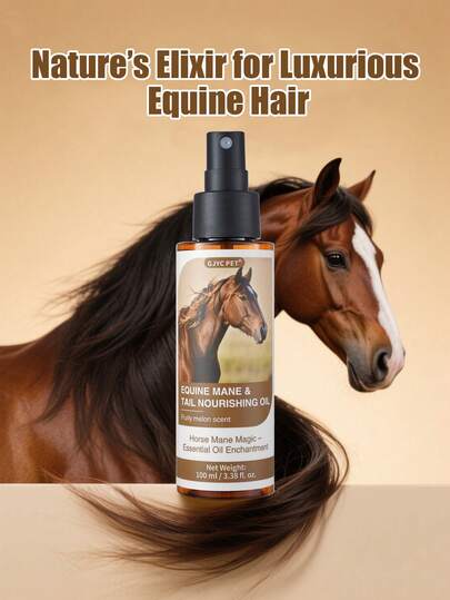 GJYC PET Aceite para crines y cola de caballo con aroma a melón frutal - Fortalece, da brillo y repara las puntas abiertas | Mezcla de jojoba, macadamia y queratina | Suave y fácil de peinar, protección contra el calor y los rayos UV (100 ml)