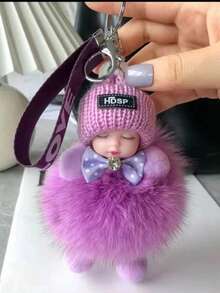 1pc Cartoon Doll Keychain With Real Faux Fur Alloy Round Shape Decorative Ladies Key Ring With Ring Buckle Ideal For Bag & Car Key Decoration Perfect For Valentine'S Day Gift 1 Piece Keyring Travel Accessories