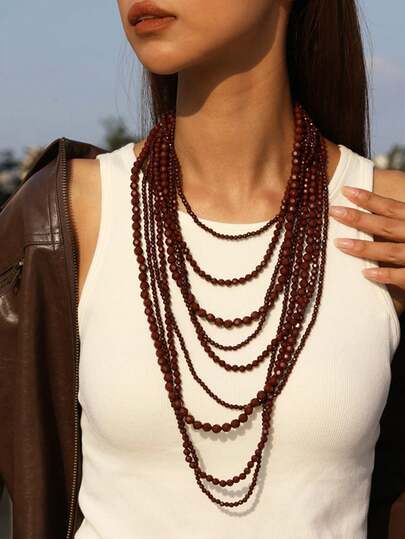 NAIZHU Set de 2 collares de cuentas de acrílico marrón hechos a mano con efecto cascada vintage, collares superpuestos casuales para mujer