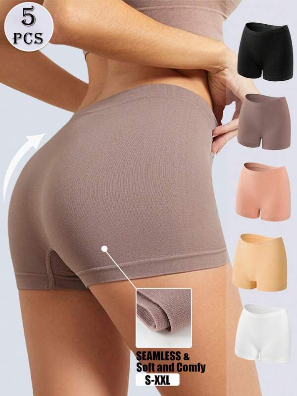 5 Pcs Women Seamless Briefs Sexy Panties Soft Shorts Elastic Panty Buttocks Lifting Knickers High Waist Boyshorts Minimal Style Underpants Breathable Fabric Solid Color Intimateas Underwear For Sports Casual Wear Underpanties Shapewear Short ﻿ ﻿