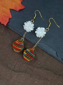 Handmade Long Tassel Rainbow Ball Floral Drop Earrings, Boho Vacation Style Vintage Elements, Suitable For Daily Life, Work, Stage, Street Photography, Women