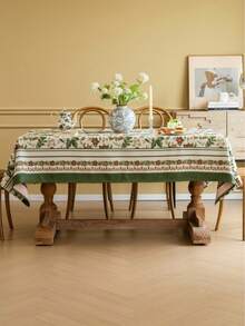 1pc Yellow Floral Jacquard Tablecloth With Green Trim, Suitable For Kitchen, Dinning Table, TV Stand, Holidays, Birthday Parties, Dinner Events, Home Decor, Photoshoot Background - Multicolor - View 7