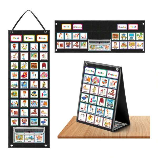1 Set Schüler Visuelle Zeitplanung, enthält 92 Stück Tägliche Karten, 1 Stück PVC Tasche, 100 Stück runde Aufkleber, Desktop Visueller Verhaltensplan, Visuelles Verhaltenstool für den Alltag, Tafel für Tagesablauf in Klasse & Zuhause Lernmaterial Schulmaterial, Schulanfang