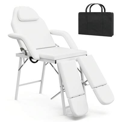 Portable Beauty Bed Adjustable 3 Section Massage Table Split Legged Folding Massage Bed Salon Beauty Tattoo Chair Therapy Bed With Storage Bag,White