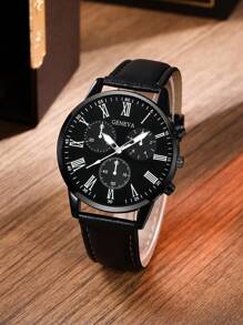 LIANDU LIANDU Men's Watch 4 Piece Set, Casual Chic, Roman Numerals, Round Dial, Quartz Watch And Pendant Necklace, Cuban Bracelet, Ring Set For Everyday Wear, Back To School Season, Graduation Season, Thanksgiving Day, Couples, Best Gift (No Box)