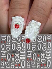2pcs 5D Embossed Cake Cream Nails Art Stickers French Lace Skirt Edge Cute Cream Stripes Strawberry Cherry Bow Nail Decals Kawaii Heart Cream Nail Art Decoration Self-Adhesive Stickers DIY Nail Supplies