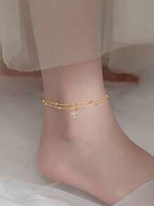 Nooxian 2pcs/Set Summer Beach Anklet, Gold Tone Cross Pendant Bead Chain Double Layer Foot Jewelry Suit For Women (Random Bead Quantity)