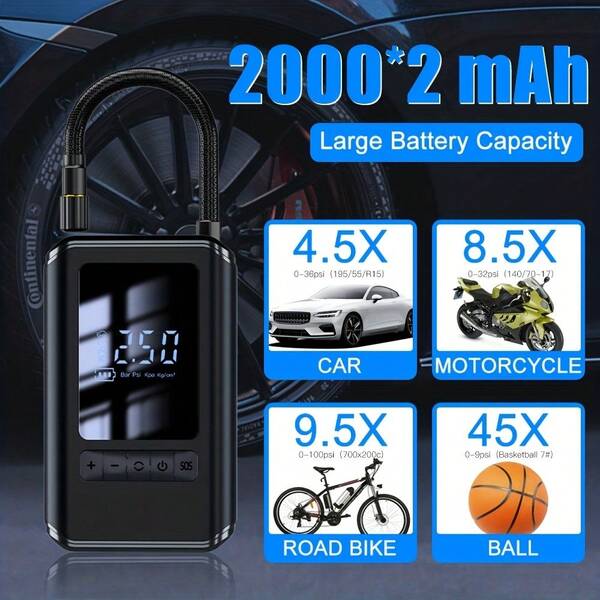 Compresseur d'air sans fil pour voiture, Gonfleur portable électrique pour pneus de voiture, Pompe à haute pression