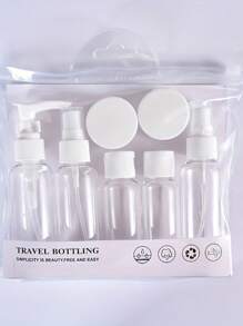 1 pièce/7 pièces Bouteilles de voyage, Ensemble de bouteilles rechargeables avec sac de toilette, conteneur de liquide vide, bouteille de distribution de liquide étanche, sac cosmétique de transport, pot de crème, accessoires de voyage, kit de bouteilles de voyage, Ensemble de contenants de toilette portables étanches, Contenants cosmétiques de taille cabine en PP transparent pour lotion, shampoing, crème, savon avec sac portable, Kit de bouteilles de voyage avec Escarpins