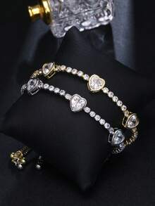 1条心形立方氧化锆网球手链，可调节白色女士手链，适合派对和婚礼佩戴 - 彩色 - 查看 6