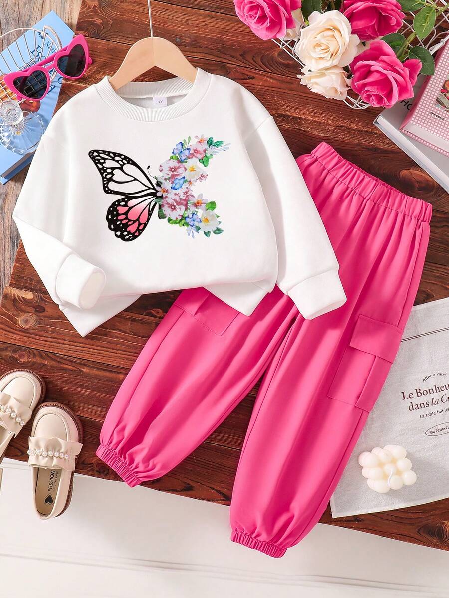 幼儿蝴蝶图案保暖圆领运动衫和裤子套装 - 粉色 - 查看 1
