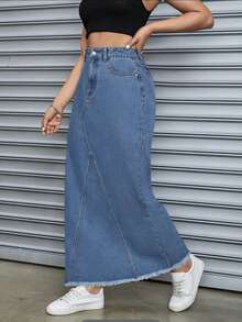 女式修身中长无弹力牛仔裙，开叉下摆细节和口袋设计 - 适合春、夏、秋、冬的休闲中长牛仔裙 - 中等水洗藍 - 查看 3