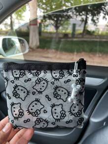 Sanrio 1pc Cute Kitty Velveted Mesh Cosmetic Bag, Portable Data Cable Organizer Pouch, Handheld Carry Bag For Outdoor