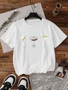 IXOEIS Women's Casual T-Shirts, Women's Casual Round Neck T-Shirts, Martini T-Shirts, Sparkling Water, Martini Patterns, Suitable For Various Occasions Such As Beach, Vacation, Home, Dating, Daily Outings, Etc.